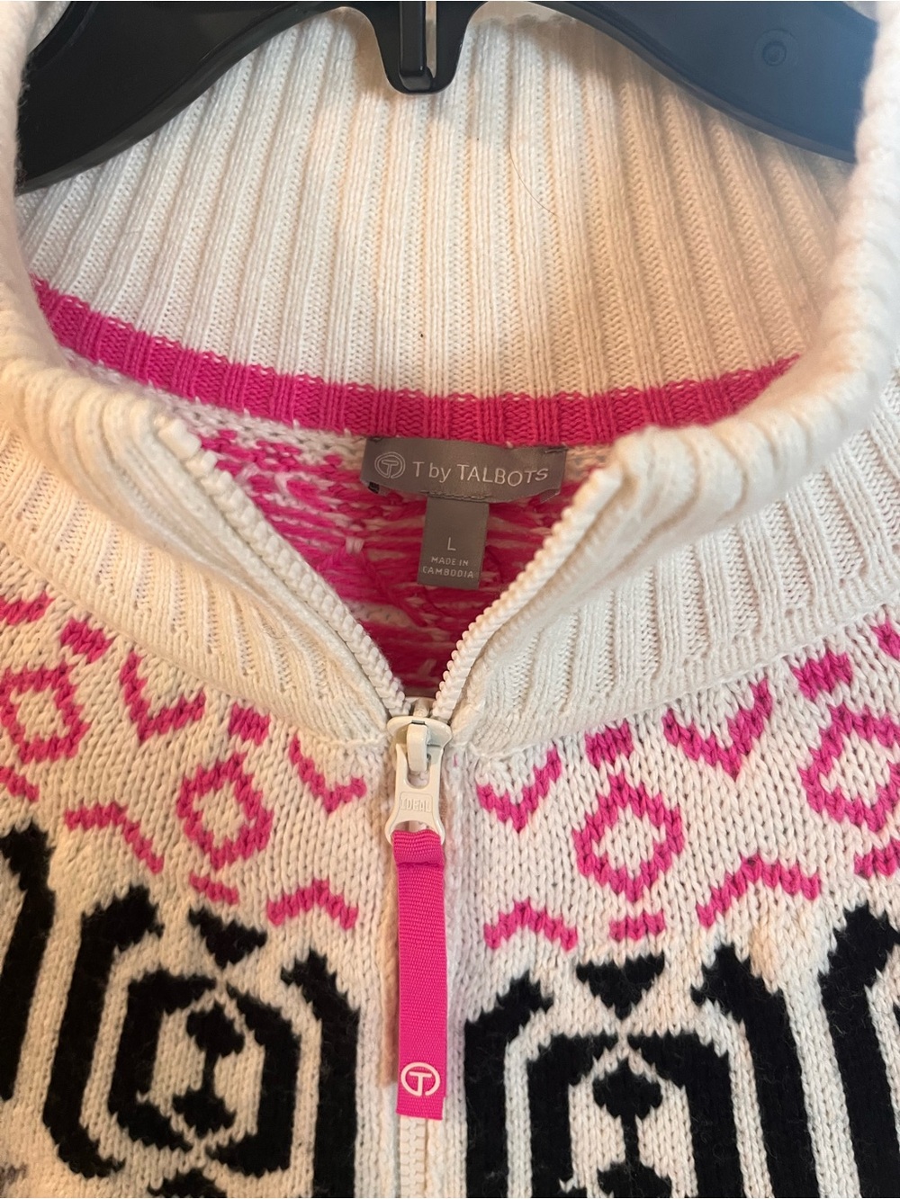 Talbots Cream Sweater with Pink and Black Fair Isle Yoke - Picture 2 of 5